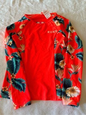 Roxy Girls' Coral Red Floral Long-Sleeve Rashguard